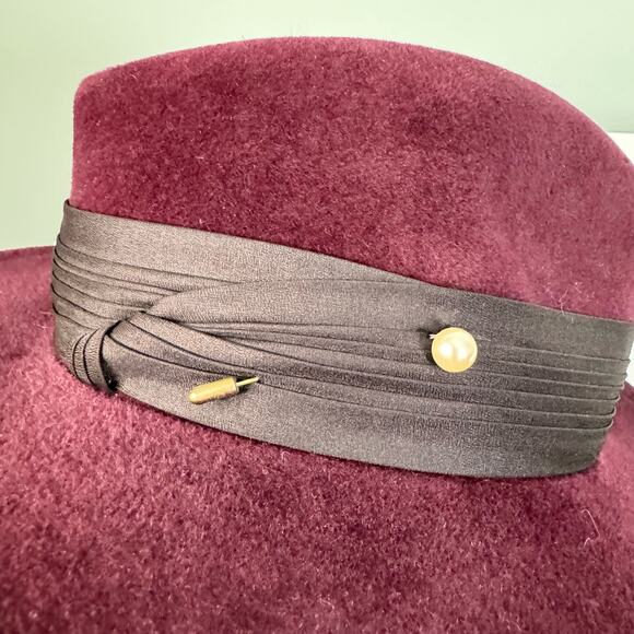 VTG BETMAR New York Fedora Hat For Women 7.5" Felt Wool Wide Brim Pearl Burgundy - Picture 7 of 10